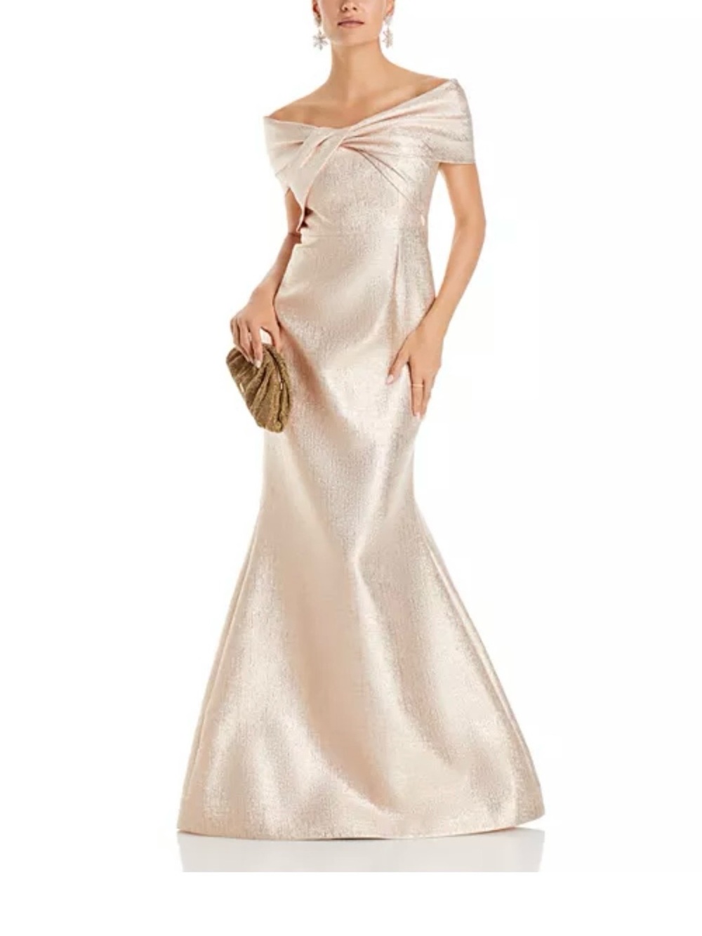 Teri Jon by Rickie Freeman Off Shoulder Metallic Jacquard Gown in Pink Gold